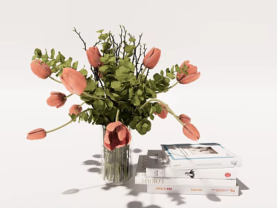 Pink Tulips And Green Leaves Flower Arrangement In Glass Vase With Stack Of Books 3d model