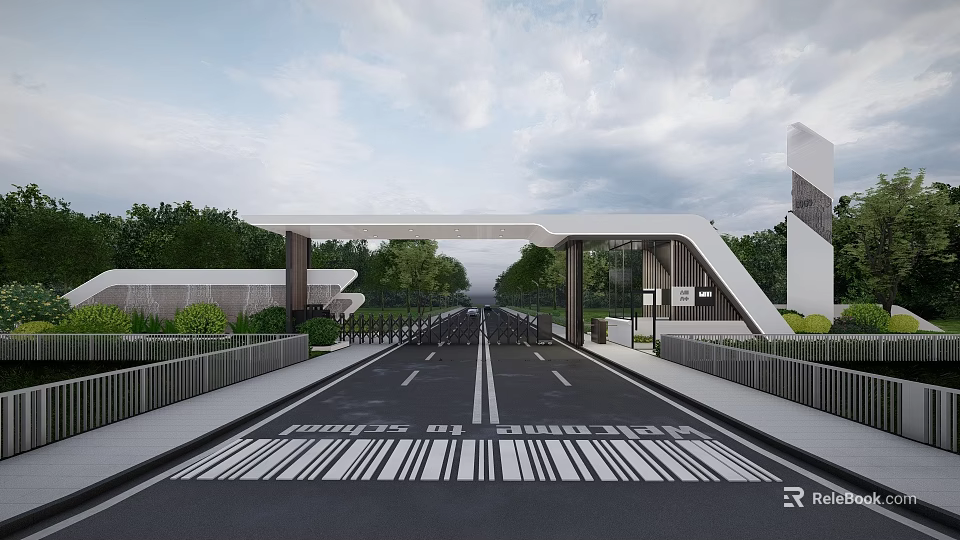 Modern Entrance Gate With Wide Road Railings And Greenery Under Cloudy Sky 3d model 