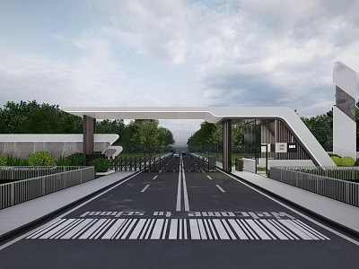 Modern Entrance Gate With Wide Road Railings And Greenery Under Cloudy Sky 3d model