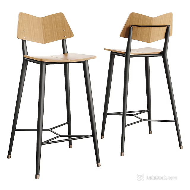 Modern Wooden Bar Stools with Black Metal Legs and Simple Design 3d model 