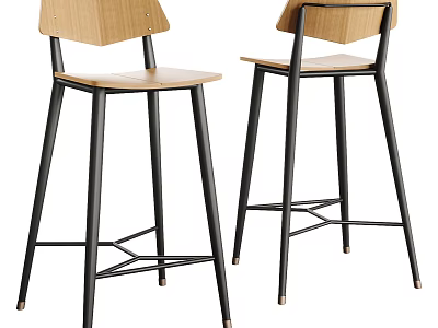 Modern Wooden Bar Stools with Black Metal Legs and Simple Design 3d model