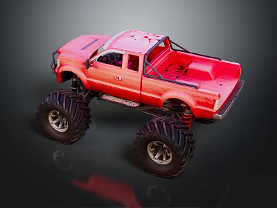 Rugged Off Road Terrain Featuring Red Toy Monster Truck With Large Tires 3d model