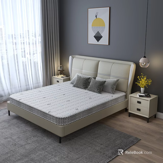 Comfortable Mattress With Stripe Design Leather Headboard And Nightstands In Modern Bedroom 3d model 