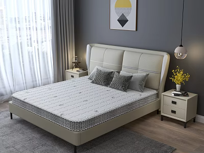 Comfortable Mattress With Stripe Design Leather Headboard And Nightstands In Modern Bedroom 3d model