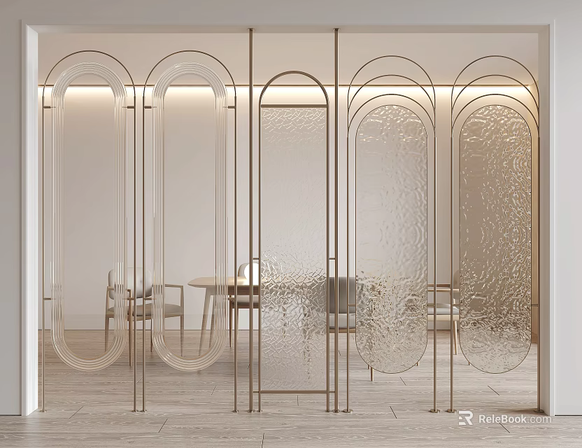 Modern Arched Room Divider With Gold Frame And Frosted Glass Panels 3d model 