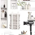 Organized Bathroom Shelves With Daily Washing Essentials Towels Hairdryer Mirror And Plants