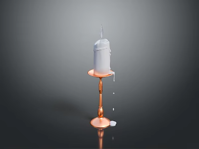 White Melted Candle On Copper Candlestick With Dripping Wax Against Dark Background 3d model