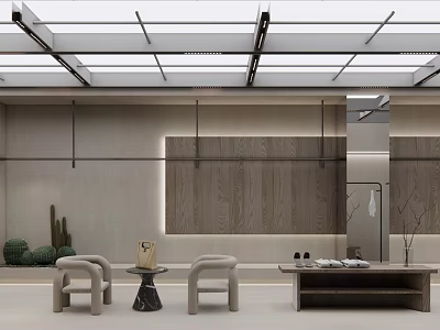 Modern Clothing Store Interior With Wooden Display Walls Seating And Decorative Plants 3d model