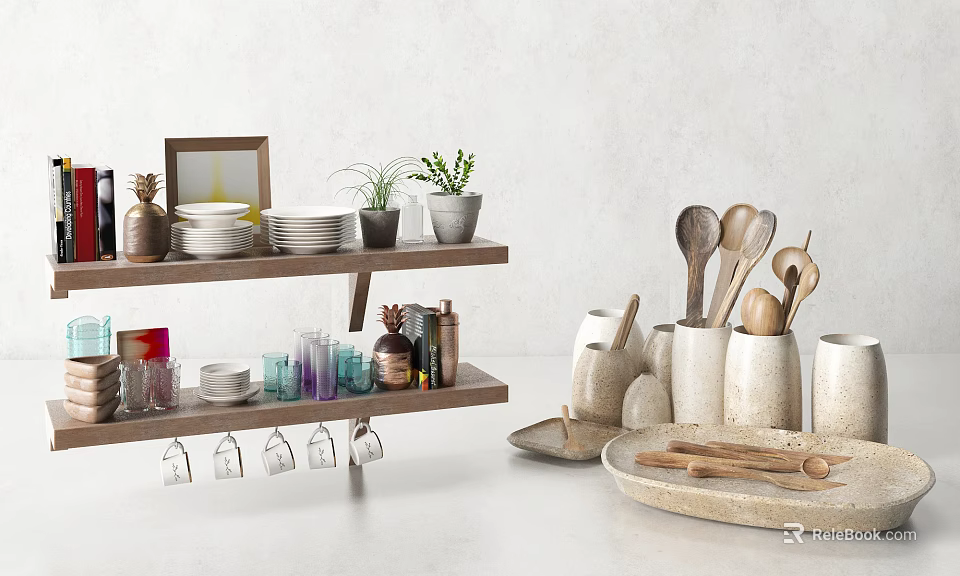 Kitchen Utensils Arrangement On Shelf With Plates Glasses Plants Containers And Wooden Spoons 3d model 