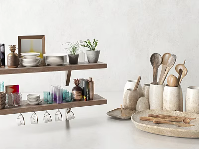 Kitchen Utensils Arrangement On Shelf With Plates Glasses Plants Containers And Wooden Spoons 3d model