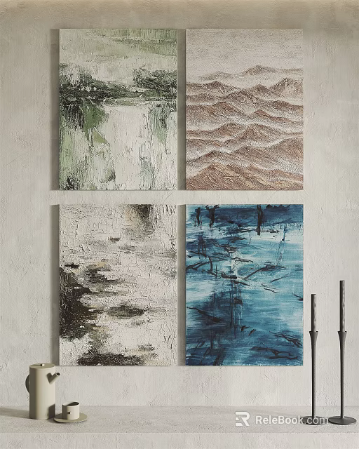 Abstract Wall Art Paintings With Green Brown Black White Blue Textures For Home Decor 3d model 