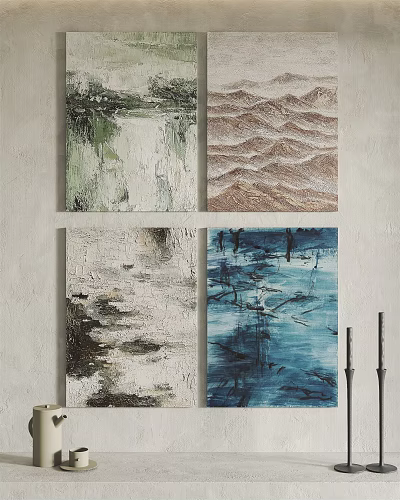 Abstract Wall Art Paintings With Green Brown Black White Blue Textures For Home Decor 3d model
