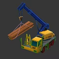 Yellow ACE Crane With Blue Boom Lifting Wooden Beam In Construction