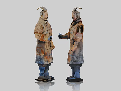 Traditional Ancient Ceramic Ware Terracotta Figures with Detailed Armor Standing Facing Each Other 3d model