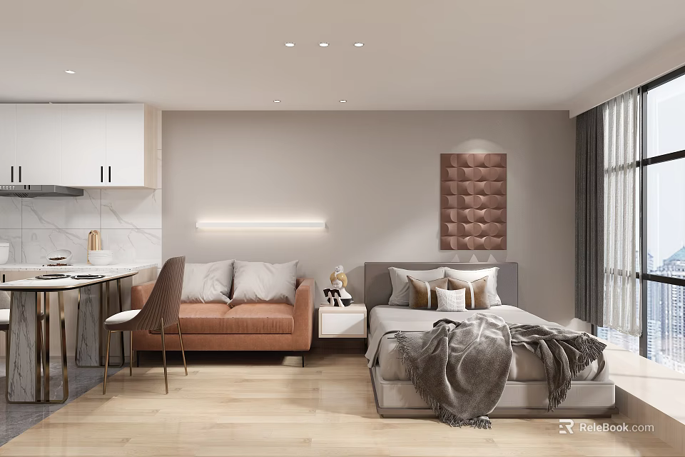 Modern Apartment Interior With Sofa Bed Table Lighting And Wall Art 3d model 