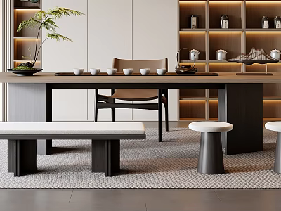 Modern Tea Table and Chairs with Tea Sets Shelves and Green Plants 3d model