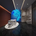 Luxury SPA Sauna Interior With Massage Beds Blue Artistic Wall And Shower Facilities