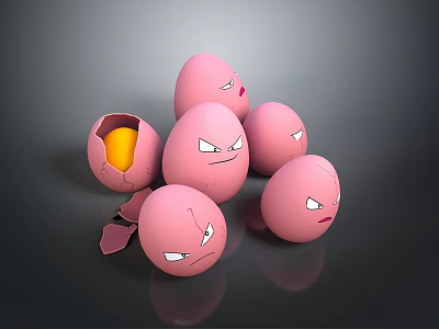 Household Pink Decorative Eggs With Angry Faces And Broken One Showing Yolk Inside 3d model