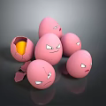 Household Pink Decorative Eggs With Angry Faces And Broken One Showing Yolk Inside