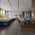 Modern Restaurant Interior Design With Large Windows Blue Sofa Seats And Wooden Flooring