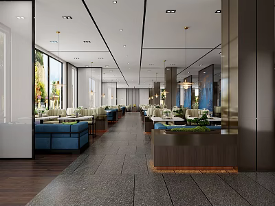 Modern Restaurant Interior Design With Large Windows Blue Sofa Seats And Wooden Flooring 3d model