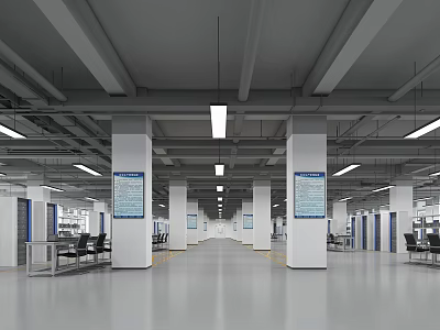Spacious Public Hall Interior With White Columns Blue Notice Boards And Ceiling Lights 3d model