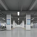 Spacious Public Hall Interior With White Columns Blue Notice Boards And Ceiling Lights 3d model