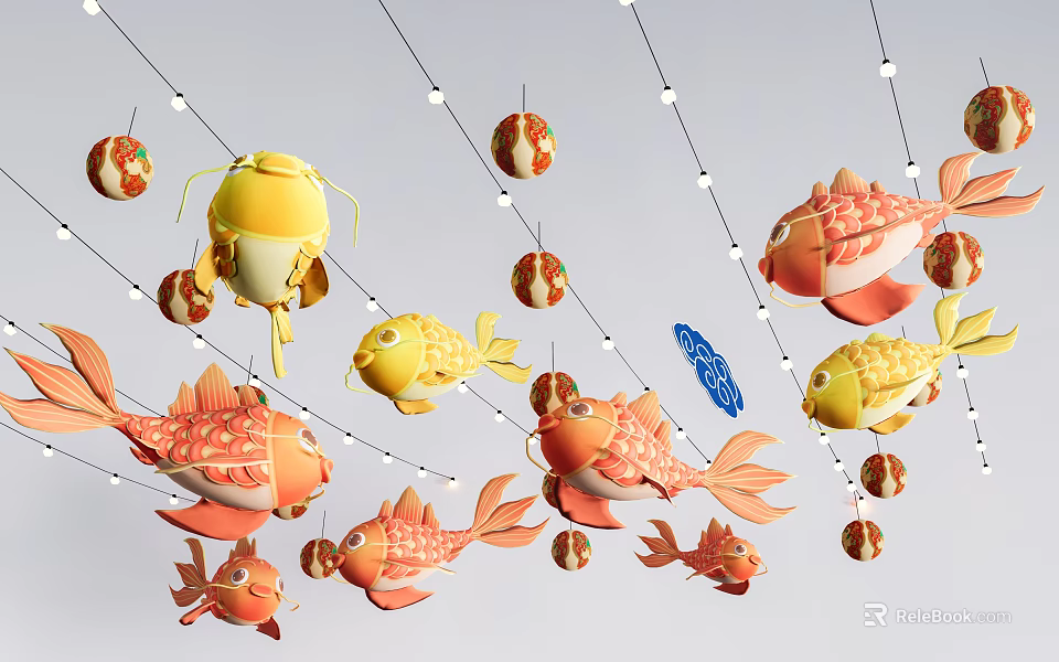 Colorful Fish Shaped Decorative Lanterns Hanging With Bright Festive String Lights 3d model 