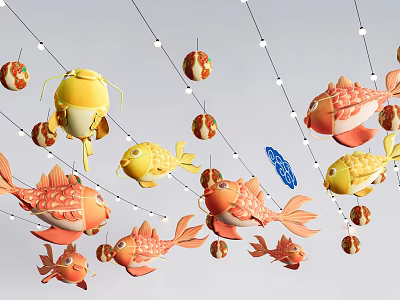 Colorful Fish Shaped Decorative Lanterns Hanging With Bright Festive String Lights 3d model