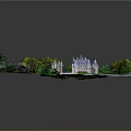 Cartoon Scenery Featuring Castle with Towers Green Lawn Trees River Bridge and Car