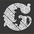 Intricate Plant Carving On White Decorative Letter G With Dark Background And Reflective Surface