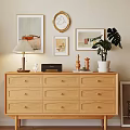 Natural Wood Sideboard With Table Lamp Decorative Items Monstera Plant And Wall Art