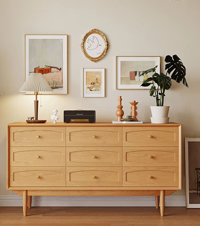Natural Wood Sideboard With Table Lamp Decorative Items Monstera Plant And Wall Art 3d model