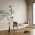 Elegant Beige Upholstered Bench With Carved Wooden Frame Green Plant In White Vase