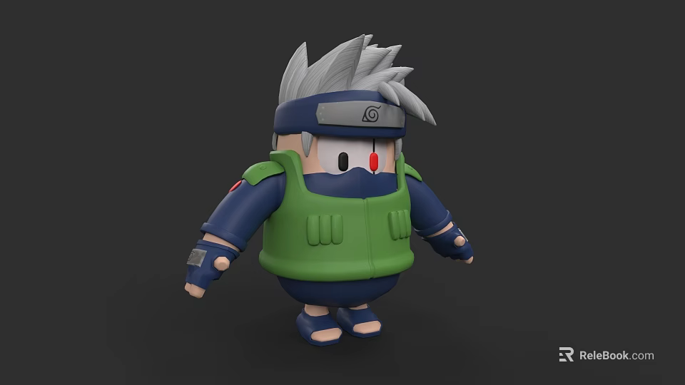 Cartoon Style Ninja Character With Gray Hair Green Vest And Blue Outfit 3d model 