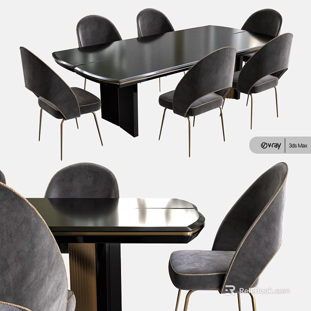Modern Luxurious Black Dining Table And Gray Chairs With Metal Legs And Smooth Surface 3d model 