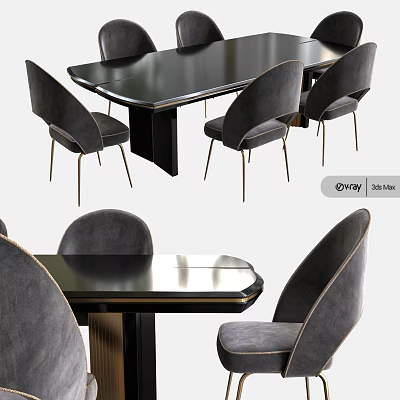 Modern Luxurious Black Dining Table And Gray Chairs With Metal Legs And Smooth Surface 3d model