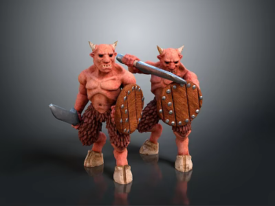 Two Red Skinned Horned Fantasy Creatures With Weapons And Shields 3d model