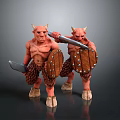 Two Red Skinned Horned Fantasy Creatures With Weapons And Shields 3d model