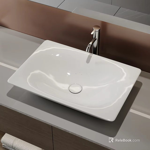 Stylish White Square Washbasin With Chrome Faucet On Gray Countertop 3d model 