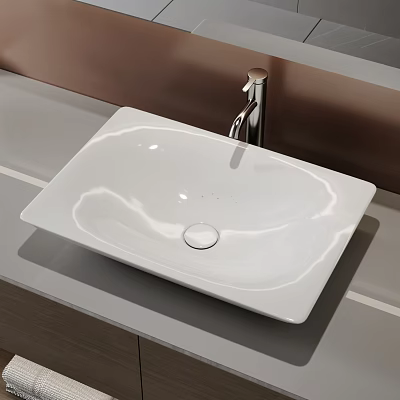 Stylish White Square Washbasin With Chrome Faucet On Gray Countertop 3d model
