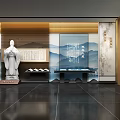 Traditional Chinese Cultural Exhibition Hall With Scholar Statue Landscape Painting And Calligraphy