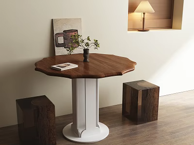 Octagonal Wooden Dining Table Set With White Base And Two Wooden Stools 3d model