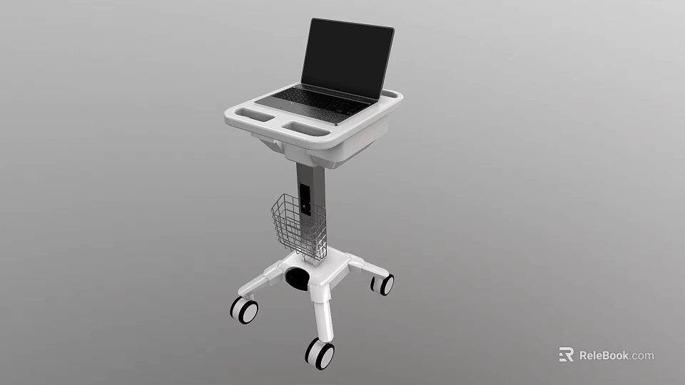 White Mobile Medical Cart With Laptop And Storage Basket On Wheels 3d model 