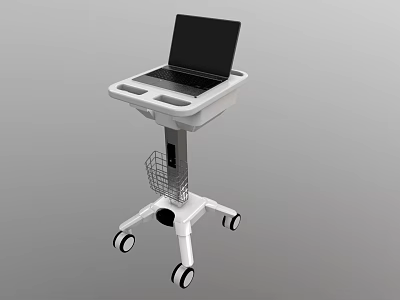 White Mobile Medical Cart With Laptop And Storage Basket On Wheels 3d model
