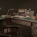 Vintage Wooden Desk with Stacked Books Antique Lamps and Leather Chair