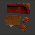 Wooden Dining Table With Red Tufted Banquette Sofa Orange Bar Stools And Silver Keg