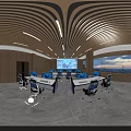 Modern High Tech Control Room With Multiple Consoles Blue Lighting And City View Windows 3d model