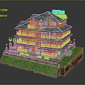 Cartoon Scene Of A Multi Story Yellow Building With Blue Roof Green Grass And Flags