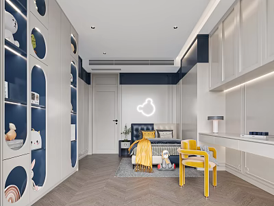 Modern Kids Room Design With Blue Circular Wall White Wardrobe Yellow Chair And Geometric Floor 3d model